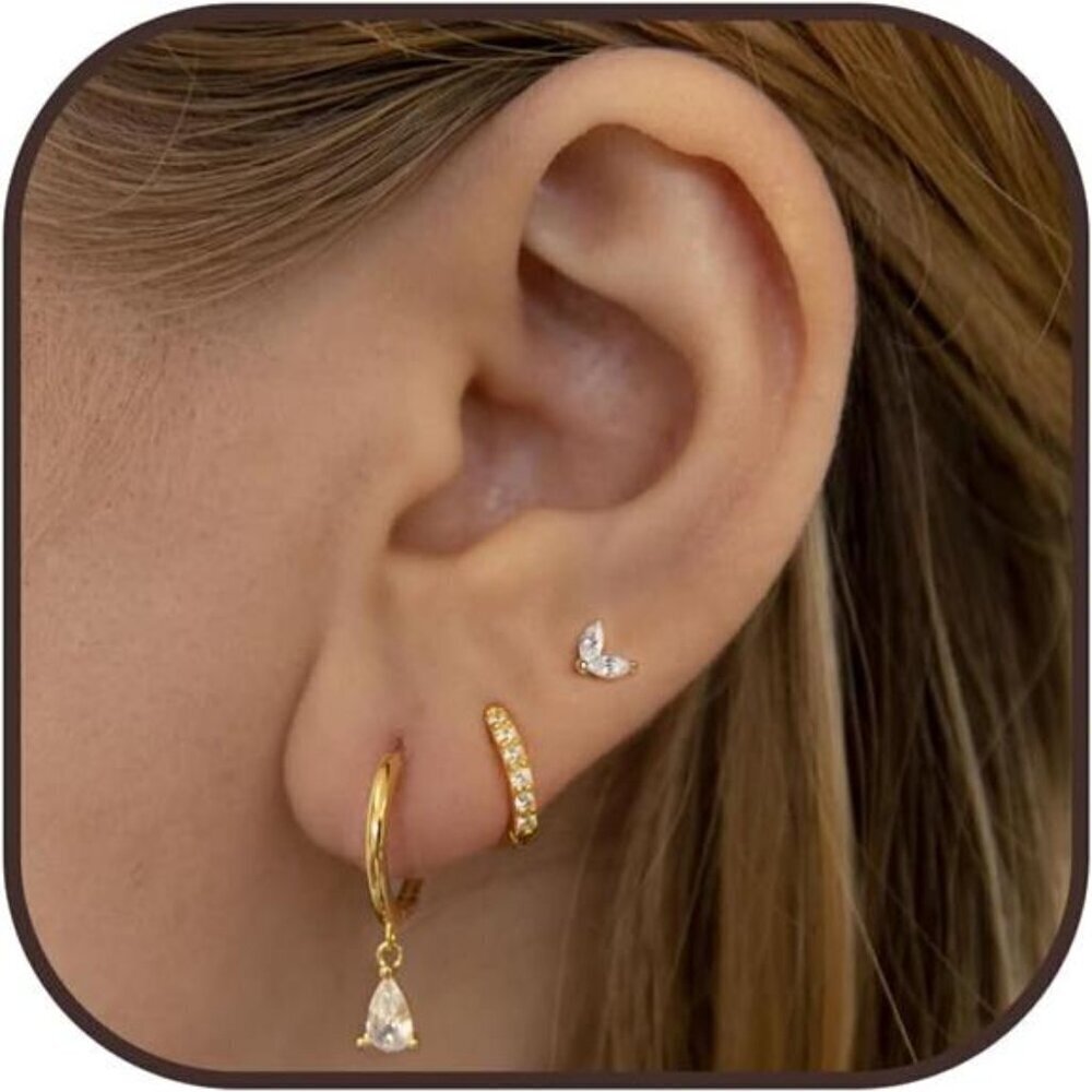 Gold Dainty Earring Set – 3-Piece Mix of Huggie Hoops & Studs with CZ Accents